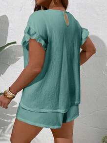 EMERY ROSE Plus Size Women Summer Casual Solid Color Top & Shorts 2 Pieces Set - Mint Blue - View 2
