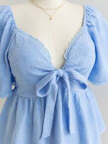 Soleia Women Plus Size Floral Textured Fabric Sweetheart Neck Bowknot Ruffle Short Sleeve A-Line Blouse, Spring Resort - Blue - View 7