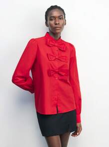Maija 女士休闲宽松蝴蝶结装饰纽扣衬衫，适合春季，简约百搭的日常穿着，适合情人节浪漫、时尚、百搭 - 紅色 - 查看 7