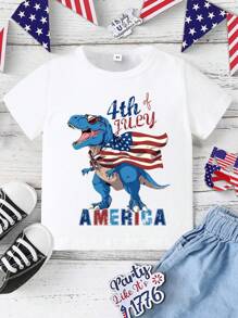 Short-Sleeved T-Shirt For Young People, With Dinosaur Print And The US Flag, Ideal For The 4th Of July And Summer. - 白色 - 查看 5