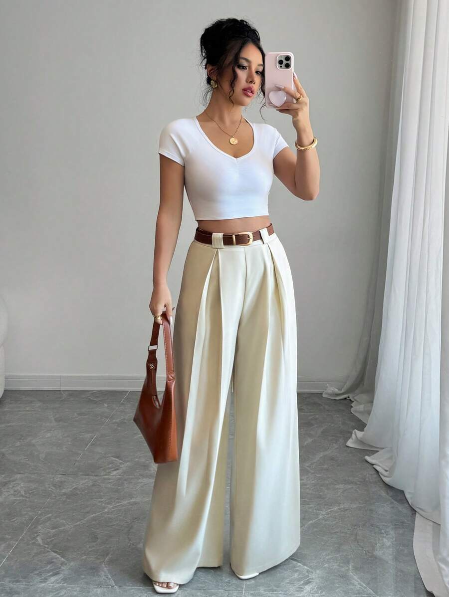 Elenzga 新款休闲高腰纯色杏色九分裤，优雅款式适合日常穿着和工作，复古时尚适合毕业典礼、音乐节、德比、独立日 - 杏色 - 查看 1