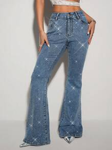 SHEIN ICON Jeans évasés casual lavés avec strass pour femmes