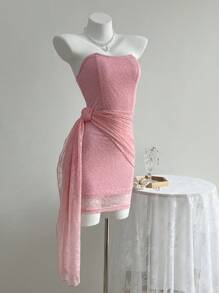 Flirla Damen Spitze Bandeau verdrehte Taille figurbetonte elegantes Kleid - Pink - Übersicht 1