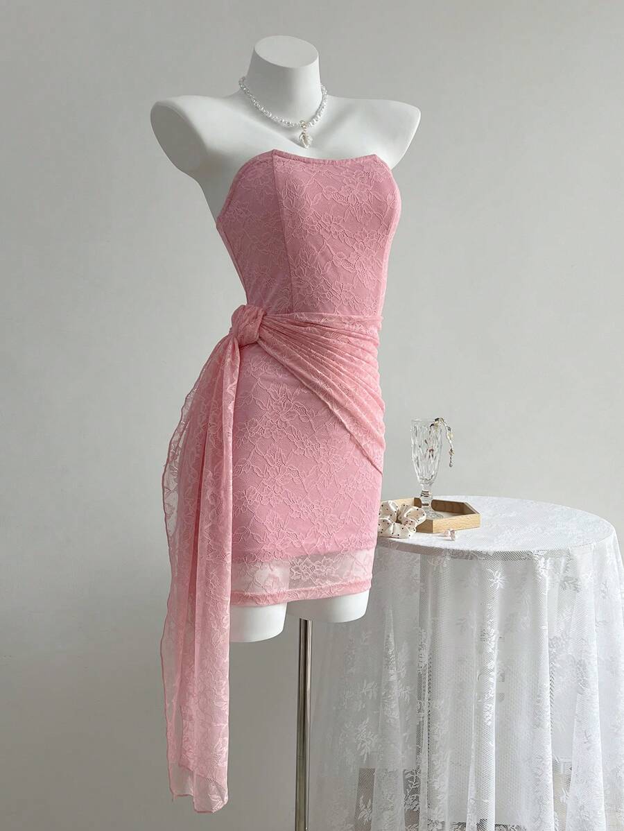 Flirla Damen Spitze Bandeau verdrehte Taille figurbetonte elegantes Kleid - Pink - Übersicht 1
