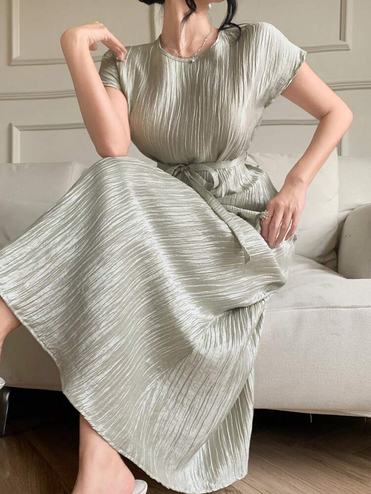Women 2pcs Set: Textured Batwing Sleeve Blouse And Skirt, Spring/Summer