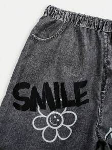 SHEIN 2pcs Teen Girls Casual Street Graffiti Print Denim Effect Wide Leg Pants + Cross Knitted Vest Set, Basic Outfit