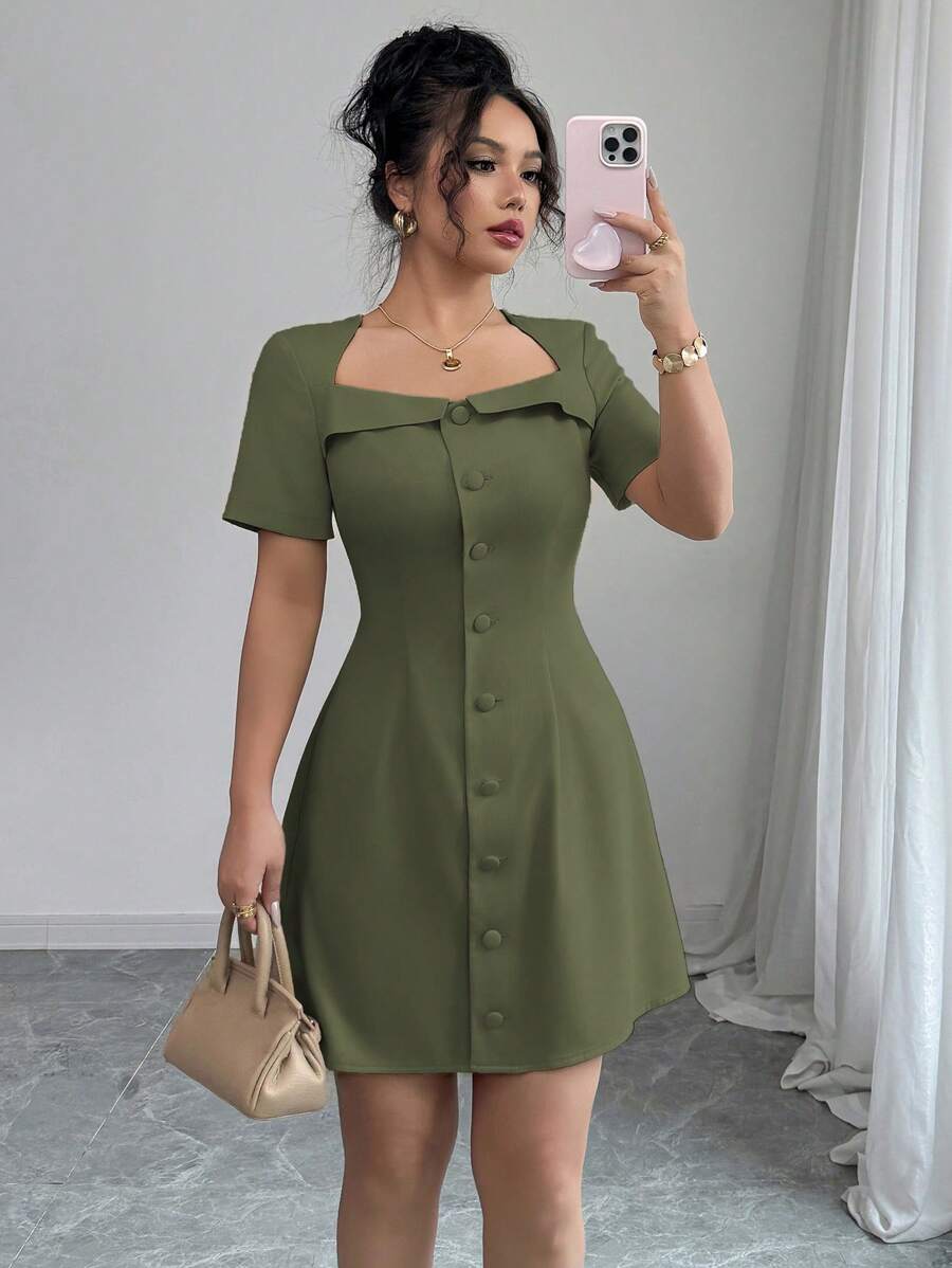 Elenzga Women's Elegant Commuter Trapeze Collar Ruffle Button Front Waist A-Line Mini Dress, Spring/Summer - Army Green - View 1