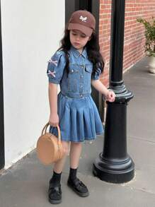 SHEIN Tween Girls Denim Two Pieces Outfits - Light Wash - View 1