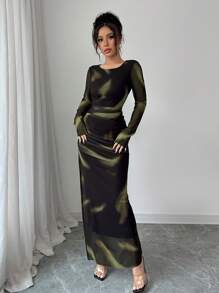 Selianne Women's Elegant Elastic Ombre Printed Mesh Ruched Bodycon Maxi Dress Fall Cloth For Women - Olive Green - View 6