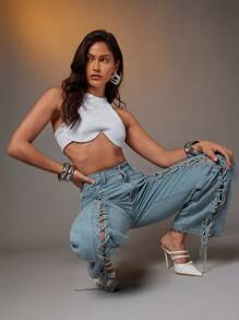 Denimoi Open Front Laced Up Straight Leg Denim Jeans Summer Style Denim On Denim Everyday Wear Streetstyle - Blue - View 5
