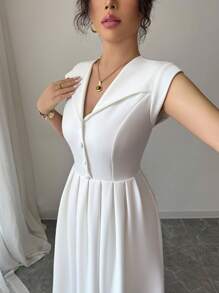 Chiquease Elegantes ärmelloses Pendlerkleid für Damen mit Hemdkragen - Aprikosenfarben - Übersicht 7