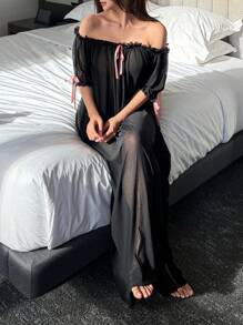 DAZY Sexy Women's Attractive Sheer Mesh Off-Shoulder Ruffle Hem Long Nightgown Pajama - Black - View 7