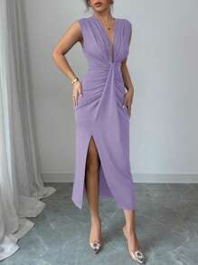 Rafferiza Elegant Sleeveless Blue Deep V-Neck Ruffle Hem Slit Dress For Women, Spring/Summer - Purple - View 5