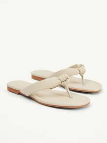 CUCCOO CHICEST Women's Solid Color Round Toe Flat Sandals, Elegant Casual Simple Comfortable Beige Faux Leather Ladies Flip Flops, Beach Shoes, Suitable For Vacation, Beach, Hawaii Island Style