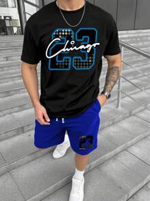 Manfinity Homme Bộ áo phông thường ngày cổ tròn tay ngắn in chữ và quần short cạp rút cho nam - Nhiều màu - Xem 1