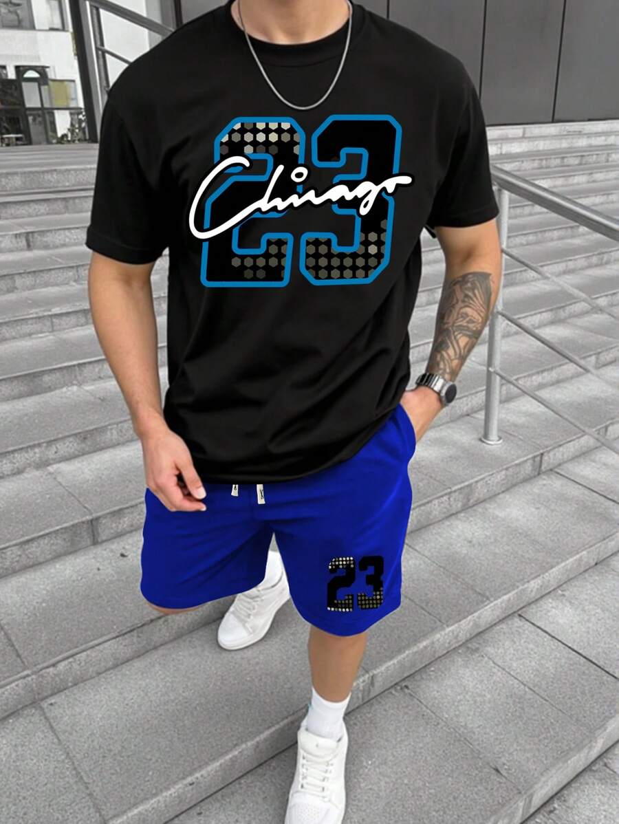 Manfinity Homme Bộ áo phông thường ngày cổ tròn tay ngắn in chữ và quần short cạp rút cho nam - Nhiều màu - Xem 1