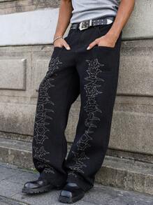 Manfinity EMRG Men's Black Washed Gothic Graffiti Print Loose Wide-Leg Jeans