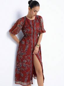 Aveloria Modichic Folk Style Print Chiffon Puff Sleeve Round Neck Single Breasted Dress - Multicolor - View 6