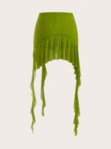 Sweetina Falda negra de malla con volantes, dobladillo con volantes y detalle arrugado de primavera - Verde - Ver 2