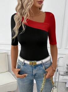 SHEIN Clasi Damen asymmetrischer Kragen Kurzarm Lässig Farbblock tailliertes T-Shirt