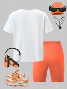 SHEIN Explorewe 2pcs/Set Tween Girls Comfortable Heart Print Short Sleeve T-Shirt And Skinny Shorts, Suitable For Outdoor And Sports Outfits For Teens Summer Set, School, Campus, College Summer Holiday - Orange - View 2