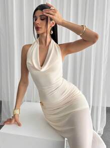 Firerie Women's Elegant Minimalist Chic Romantic Attractive Sexy Fashion Date Night Party Daily Wedding Tulle Draped Neck Ruched Rose Metal Decor Backless Dress, Light Apricot - Apricot - View 1