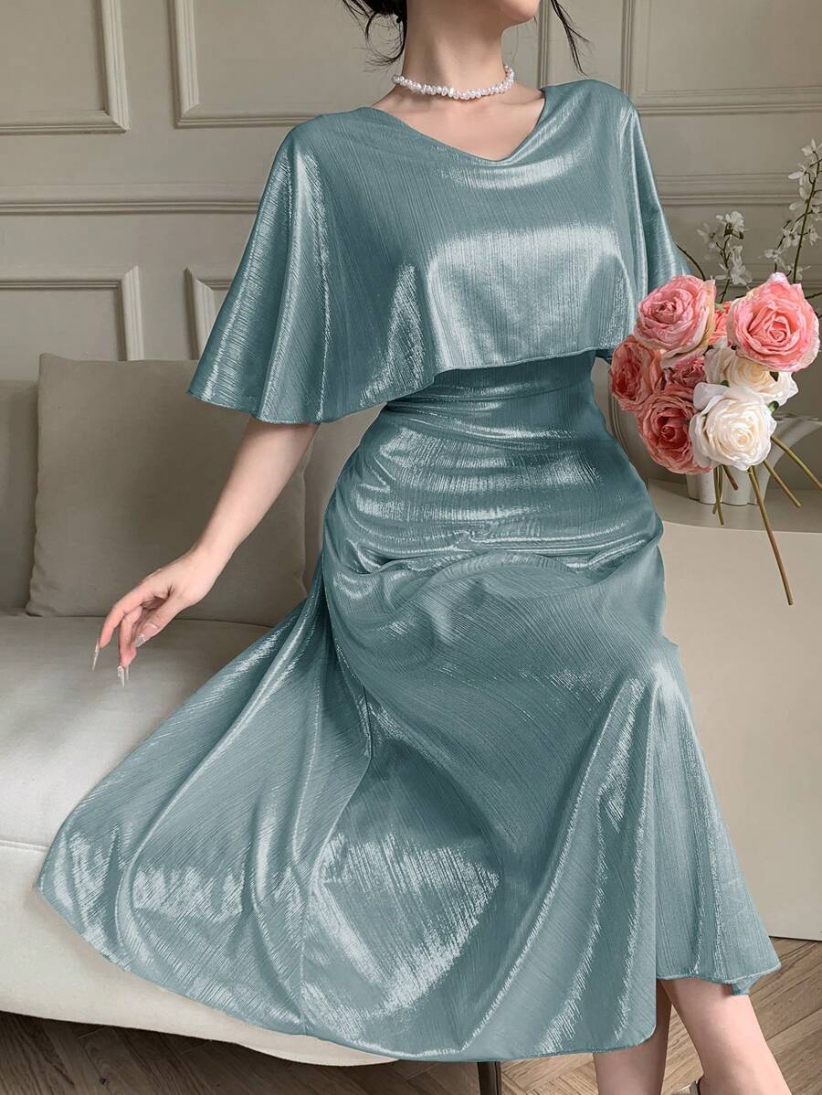 DAZY Elegant Solid-Color V-Neck Mid-Length Dress For Women, Suitable For Wedding Guests In Summer Dress - Teal Blue - View 1