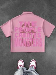 SHEIN Tween Boy Casual Minimalist Cartoon Print Turndown Collar Zip-Up Short Sleeve Shirt - Multicolor - View 3