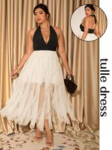Allurite Plus Size Backless Halter Midi Party Dress: Sleeveless Apricot Tulle Dress With Pleated Details And A Flared Hem For Summer - Apricot - View 5