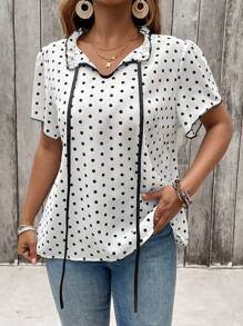 SHEIN Clasi Plus Size Polka Dot Short Sleeve Blouse, Fashionable For Summer, Business Casual Woman Spring, Summer For Women - Black and White - View 5