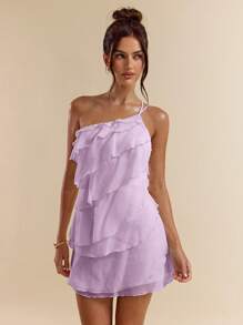 SHEIN BAE 夏季海滩度假纯色杏色分层荷叶蛋糕迷你连衣裙，适合日常约会、夜间外出、夜店、派对、聚会、鸡尾酒会、泳池派对、开学季服装、学校季服装、节日服装、音乐节服装、乡村音乐节服装、演唱会服装 - 淡紫色 - 查看 6