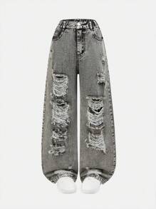 SHEIN Sparklyn Fashionable & Comfortable Tween Girl Casual Relaxed Fit Water-Washed Black Loose Pants With Distressed Design, Suitable For Daily Wear, Spring/Summer 2025 NEW Arrival