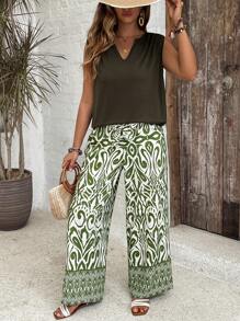 SHEIN VCAY Set da due pezzi composto da canotta monocolore con scollo a V e pantaloni casual con stampa geometrica, adatto a taglie forti, ideale come regalo per la Festa della Mamma, abbigliamento per Pasqua, outfit da vacanza o da concerto per donne