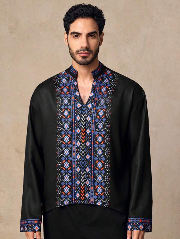 GENTILAND Men's Casual Woven Stand Collar V-Neck Floral Print Long Sleeve Shirt