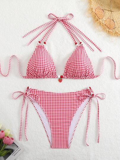 Swim Mod Plus Size Plaid Swimsuit Set, Sweet Casual Minimalist Summer Beach Outfit For Women