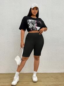 SHEIN EZwear 大码女式高腰纯色休闲百搭短款紧身裤、骑行短裤 - 黑色 - 查看 6
