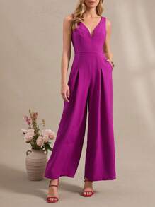 Amorya 女士优雅 V 领吊带背心和阔腿裤套装，酒红色新娘装 - 玫紅色 - 查看 4