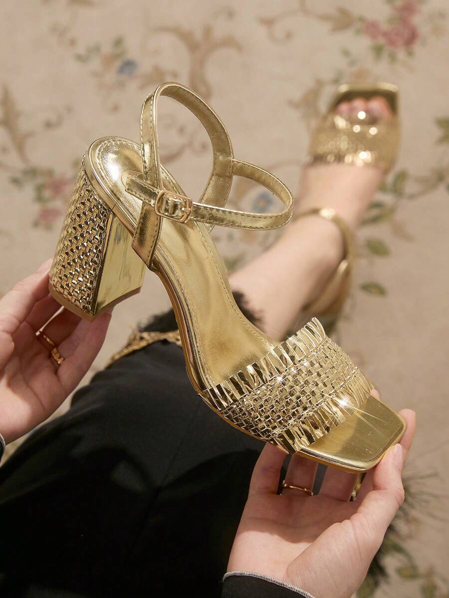 CUCCOO TILAWA Women's Gold Square Toe Woven Texture Block Heel Sandals, High Heel Slip-On Shoes - Gold - View 1