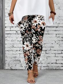 EMERY ROSE Floral Print High Waist Skinny Full Length Leggings, Plus Size, Suitable For Spring And Summer - Multicolor - View 5