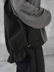 FRIFUL Women's Contrast Color Drop Shoulder Long Sleeve Casual Loose Hooded Jacket