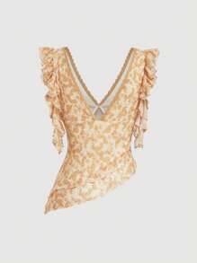 SHEIN MOD Top asimmetrico da donna con scollo a V e arricciature floreali, adatto per primavera/estate, top con arricciature da vacanza, carino, con grafica, stile occidentale, uscita, Pasqua, stile boho, festival rave, vacanza in spiaggia