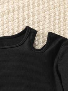 SHEIN Explorewe 2 件 Tween 女童黑色露肩长袖 T 恤和心形印花牛仔效果裤套装 - 粉色 - 查看 5