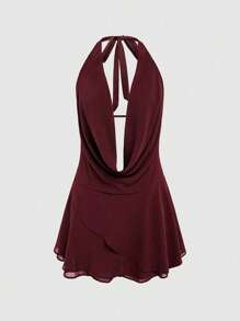 INAWLY Đầm mini hở lưng cổ xếp nếp màu trơn gợi cảm cho nữ, mùa hè - Màu Đỏ Sâu - Xem 1