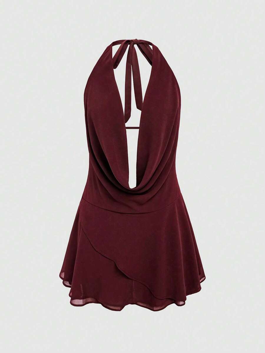 INAWLY Đầm mini hở lưng cổ xếp nếp màu trơn gợi cảm cho nữ, mùa hè - Màu Đỏ Sâu - Xem 1
