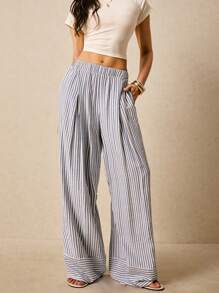 Poéselle Elegant Striped Wide Leg Pants - Easy Fashion Essentials,Women's Wide Leg Pants, Striped Trousers, Stylish Casual Trousers, Stylish Summer Bottoms, Comfortable Fashion Essentials - Multicolor - View 5