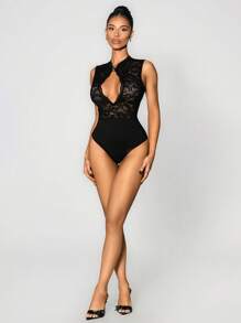 Sirith 女士蕾丝镂空金属装饰无袖紧身衣 - 黑色 - 查看 5