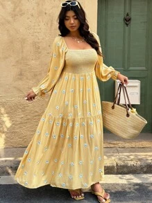 SHEIN Clasi 大码花卉印花宽松休闲长袖连衣裙 - 黃色 - 查看 5