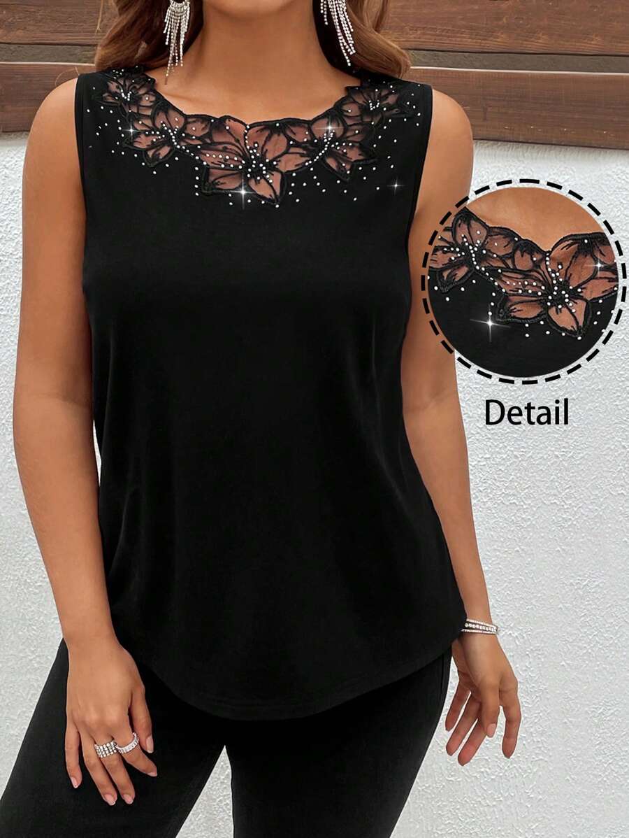 Reflora Plus Size Women's Rhinestone Flower Decorated Mesh Patchwork Camisole Women's Casual Tops, Women's Elegant Tops, Tops Women's Tops, Bandeau, Women's Tank Tops, Beach, Business Casual Ladies, Women's Bandeau, Elegant