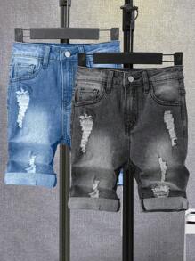 SHEIN 2 pezzi Pantaloncini di jeans skinny e lavati con effetto scolorito in blu e nero, stile casual Y2K, vestiti di base semplici e misti punk con strappi e sfilacciature, adatti per ragazzi, costumi per bambini, uso quotidiano, vestiti estivi e primaverili