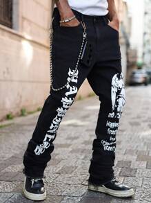 Manfinity EMRG Men's Black Washed Gothic Print Stretch Slim Fit Flared Jeans - Black - View 4